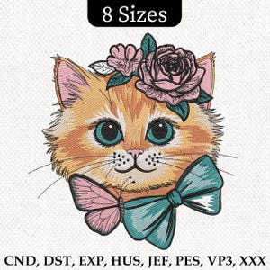 Cute Cat with Bow and Flowers Embroidery Design, Floral Cat Machine Embroidery Design, Cat Face Embroidery Design Cat Lovers Embroidery File