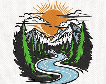 Mountain Embroidery Design, Forest Pine Trees and Mountains Lake Embroidery Design, Sunset Nature Embroidery, Sunset Forest Embroidery File