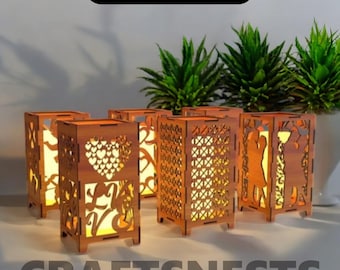 Laser cut wooden table lamp svg 6 bundle laser cut svg file Glowforge wooden candle holder bundle svg lamp modern lantern instant download