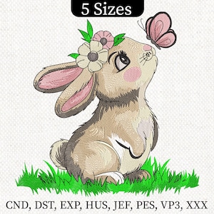 Cute Bunny Embroidery Design, Floral Rabbit with Butterfly Digital Embroidery File, Floral Bunny Embroidery File, 5 Sizes, Instant Download