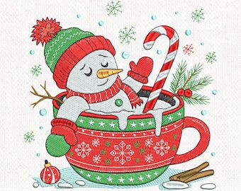 Snowman in Hot Cocoa Embroidery Design, Snowman Coffee Cup Machine Embroidery Design, Funny Snowman, Christmas Embroidery, Instant Download