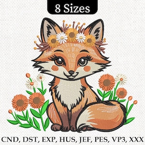 Cute Floral Fox Embroidery Design, Woodland Animal Machine Embroidery File, Floral Fox Embroidery Design, Digital File, Instant Download