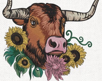 May include: Embroidered design of a brown bull with large horns, surrounded by sunflowers and a pink flower. The design includes the text "5 Sizes" and "CND, DST, EXP, HUS, JEF, PES, VP3, XXX".