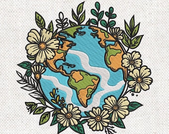 Floral Earth Embroidery Design Earth Day Globe with Flowers Eco-Friendly Digital Embroidery Earth Day Machine Embroidery Instant Download