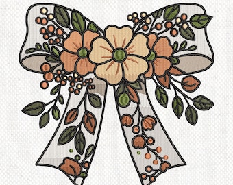 Floral Bow Embroidery Design, Vintage Ribbon Flower Machine Embroidery Pattern, Flowers Embroidery, Floral Pattern, 4 size, Instant Download