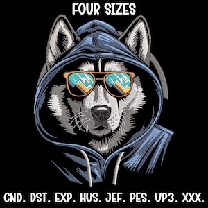 Pode incluir: Um cão husky cinza e branco vestindo um moletom azul com capuz e óculos de sol. O texto "FOUR SIZES" está na parte superior da imagem. O texto "CND. DST. EXP. HUS. JEF. PES. VP3. XXX." está na parte inferior da imagem.