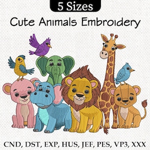 Safari Animal Embroidery Design, Cute Baby Jungle Animals Machine Embroidery Pattern, Forest Animal, Farm Animal, 5 Sizes, Instant Download
