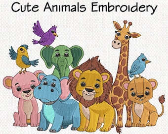 Safari Animal Embroidery Design, Cute Baby Jungle Animals Machine Embroidery Pattern, Forest Animal, Farm Animal, 5 Sizes, Instant Download
