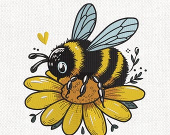 Cute Bee on Flower Embroidery Design, Floral Bee Machine Embroidery Design, Floral Bumblebee Embroidery, Floral Nature Embroidery Pattern
