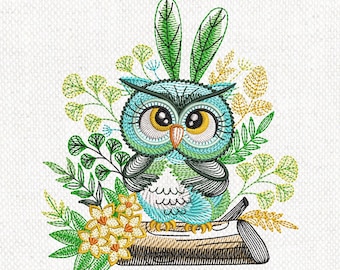 花柄フクロウの刺繍デザイン、機械刺繍（デジタルダウンロード）