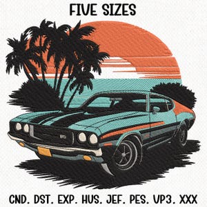 May include: A blue and black muscle car with a sunset and palm trees in the background. The car has a black stripe running along the side and the text "BC" on the front. The text "FIVE SIZES" is at the top of the image. The text "CND. DST. EXP. HUS. JEF. PES. VP3. XXX" is at the bottom of the image.