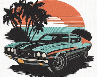 Retro Muscle Car Embroidery Design, Classic Car Machine Embroidery, Sports Car Design, Sunset Palm Tree Auto Stitch File, Instant Download