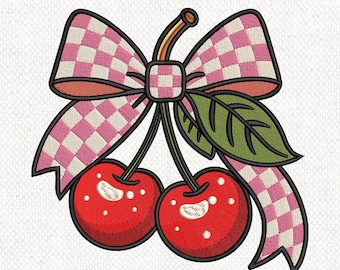Cherry Bow Embroidery Design, Gingham Ribbon Cherry Applique Embroidery Design, Cherry Embroidery File, Fruit Embroidery, instant download