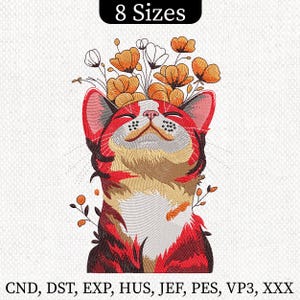 Floral Cat Embroidery Design, Cute Cat with Flowers Digital Machine Embroidery File, Animal Embroidery Design, Cat pattern, Instant Download