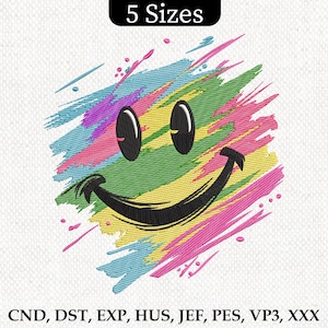 Colorful Smiley Face Embroidery Design, Brush Stroke Happy Face Machine Embroidery, Smiley Face Embroidery Design, 5 Sizes, Instant Download