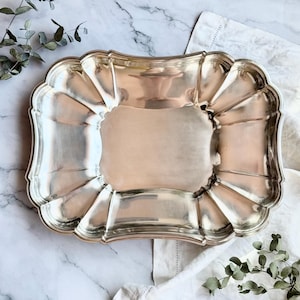 Vintage Gorham Heritage Silverpläterad bricka, Klassisk rektangulär vågig serveringsbricka, bordsdekoration, elegant mitten av århundradet porslin