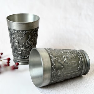 Set of 2 Vintage Embossed Pewter Mugs Wine Cups– German Craftsmanship, 1970s Historical Drinking Vessel, Vogel Rein Zinn Pewter Tumblers
