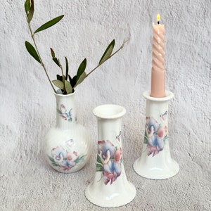 Vintage Aynsley Bone China Candle Holders And Vase - Little Sweetheart Pattern, Made in England, Soft Pink Florals & Butterflies
