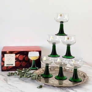 Set of 6 Vintage Green Ribbed Stem Luminarc Wine Glass, Made In France 70s In ITS BOX, Romer Glasses
