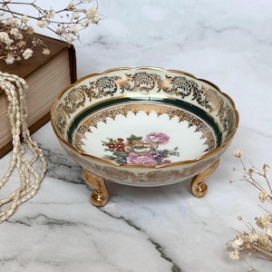Limoges Footed Porcelain Bowl, Hand-Painted Flowers, Emerald & Gold, Victorian Serving Dish, Trinket Jewelry Holder, French Vintage Charm