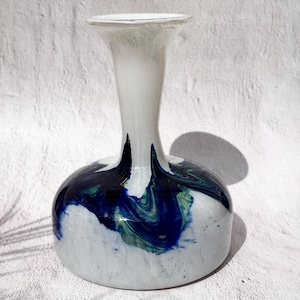 Large 1960s Vintage Murano Polychrome Crystal Vase, Handblown Art Glass, Swirled Cobalt Blue White Design, Italian Mid-Century Modern Decor