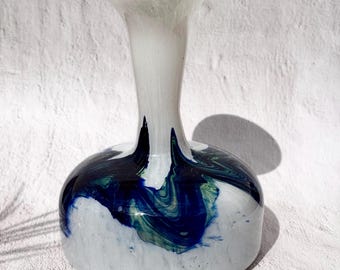 Large 1960s Vintage Murano Polychrome Crystal Vase, Handblown Art Glass, Swirled Cobalt Blue White Design, Italian Mid-Century Modern Decor