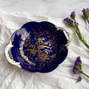 Vintage Coalport Cairo Cobalt Blue Gold Gilded Porcelain Dish – Twin Handled Serving Plate – English Bone China Elegant Serving Dish