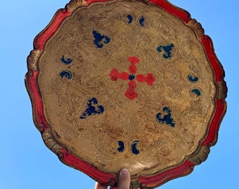 Large Vintage Florentine Wooden Tray, Hand-Painted Red & Gold Gilded Wooden Serving Tray, Midcentury Italian Toleware Gilt Decor