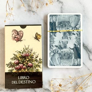 May include: A deck of cards and its box are displayed. The box features illustrations of butterflies and roses, with the text "LIBRO DEL DESTINO." The card deck has a gold band and a black and white illustration.