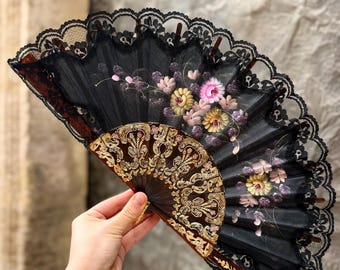 Vintage 1980s Hand Painted Spanish Abanico Hand Fan 