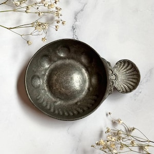 Antique French Pewter Wine Taster with Shell Handle, Sommelier Tastevin, Vineyard Collector Gift, Rustic Table Decor, Wine Tasting Cup