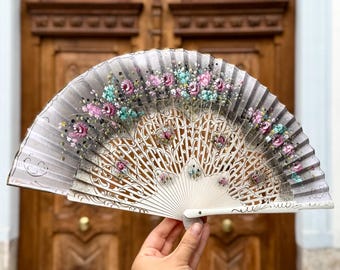 ヴィンテージスペインレース扇子：ロココ調の絵画風景、コレクターズ