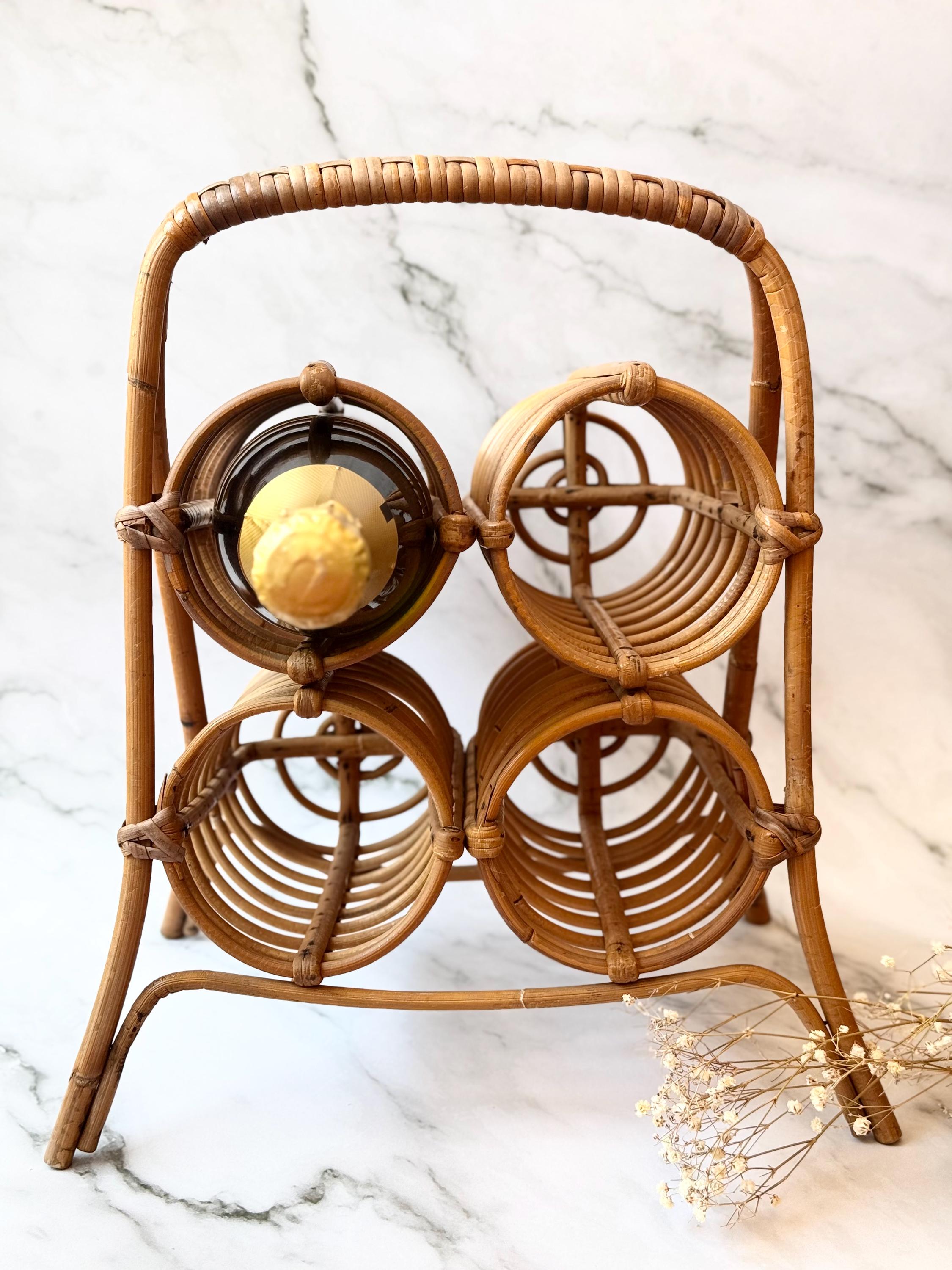 ヴィンテージ60年代ラタンワインラック、4本用竹製ホルダー、ミッド