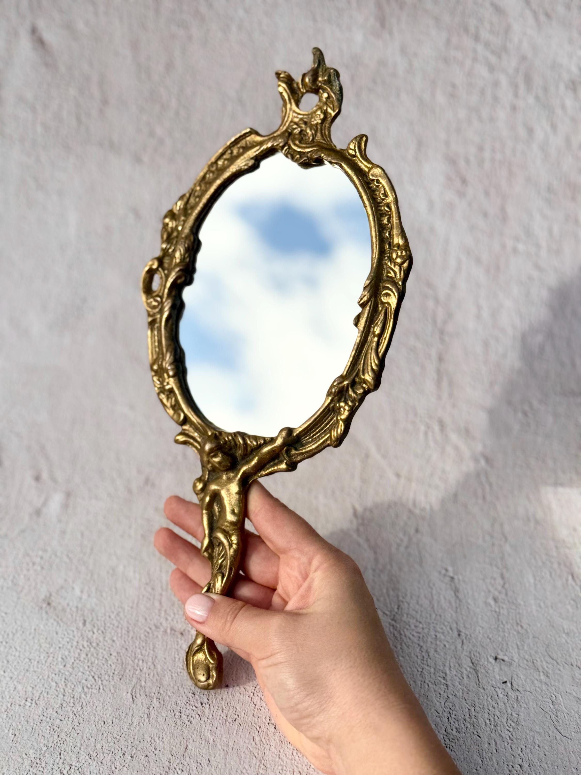 Antique 1930s Art Nouveau Bronze Hand Mirror With Angel Handle and