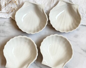Set of 4 Vintage White Porcelaine Shell Plates – French Porcelain for Serving Caviar, Sauces, and Appetizers Scallop Shell Form