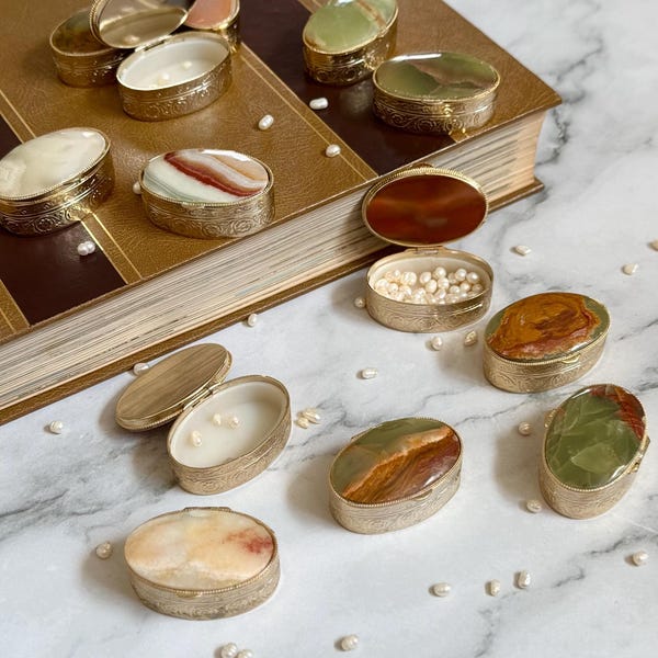 New OLD STOCK 1970s Vintage Green Pink Onyx Gold Plated Pill Box, MCM Gemstone Jewelry Trinket Box, Mid Century Vanity Decor, Self Care Gift