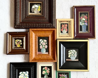 Vintage Hand-Painted Floral Miniature in Ornate Frame, Botanical Wall Art Decor, Mini Flower Painting on Wood, Cottagecore Art
