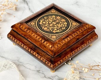 Rare Damascene Musical Jewelry Box with Sankyo Movement, Beautiful 24k Gold Birds and FLOWERS, Wooden Music Keepsake Box, Midas of Toledo