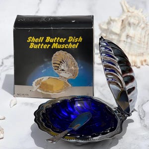Vintage Caviar bowl Caviar dish, Lidded Caviar Bowl Shell-shaped Butter dish with Butter Knife, Blue Glass Shell With ITS BOX, Perfect Gift