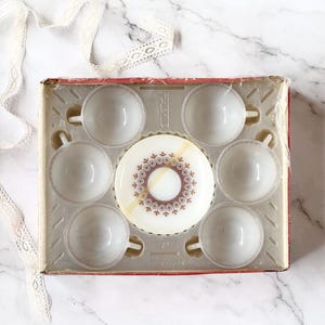 UNUSED Vintage Arcopal Alhambra Set of 6 Coffee Cups and Saucers, Milk Glass, Opaline, Opal Glassware, French Retro Kitchenware In ITS BOX