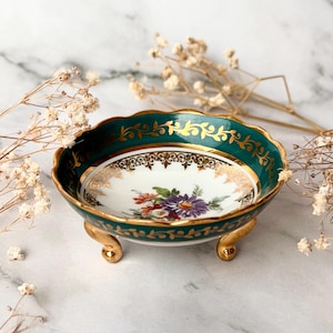 Limoges France Footed Porcelain Bowl, Hand-Painted Floral, Emerald & Gold, Small Serving Dish, Trinket Jewelry Holder, French Vintage Charm