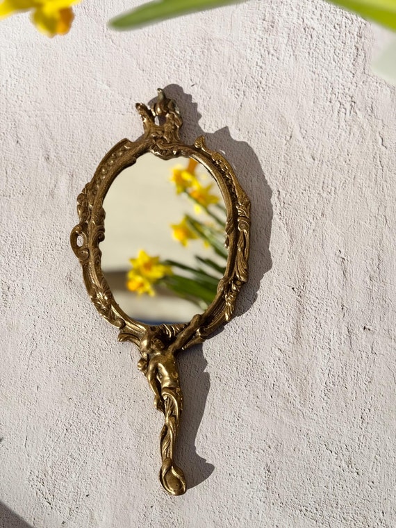 Antique 1930s Art Nouveau Bronze Hand Mirror With Angel Handle and