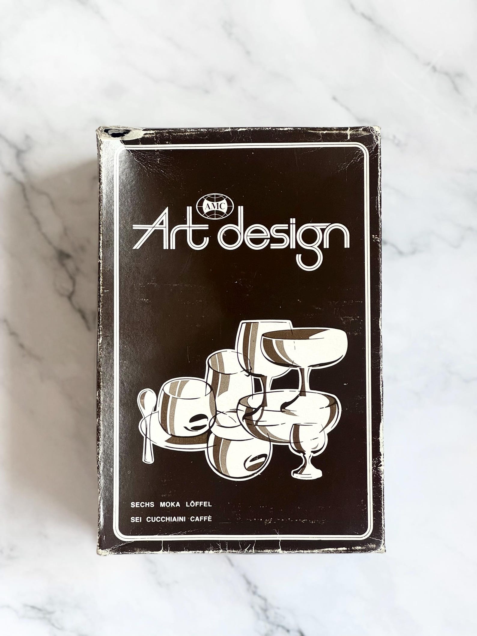 AMC Art Design Double Wall Espresso Cups – Italian Post Modernist Stainless Steel Espresso Set, Mid Century Thermo Coffee Cups + Saucers - AMC box with 6 sets