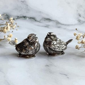 Pode incluir: Duas figuras de pássaros prateados com bicos abertos, possivelmente cantando. Os pássaros têm texturas de penas detalhadas e estão sobre uma superfície de mármore. Delicadas flores brancas ao fundo.