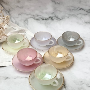 Vintage ARCOPAL Harlequin Set of 6 Coffee Cups and Saucers, Milk Glass Pastel Colors, Made in France 1960s, Opalescent glass, Opal Glassware