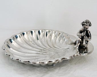 Plato vintage de concha de plata de Pedro Durán, plato de concha bañado en plata con putto, elegante decoración costera o bandeja para servir, guardar joyas o baratijas.