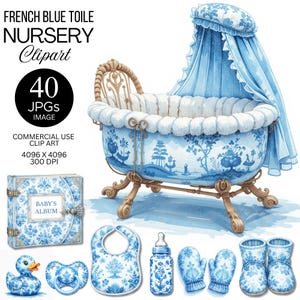 Blauwe toiletpapier kinderkamer clipart | Franse toile chinoiserie met bloemenblauw | toiles de jouy | Babyshower, babykamerdecoratie, scrapbooking | Digitale kunst
