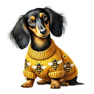 May include: A black and brown dachshund wearing a yellow jumper with a bee pattern. The jumper has a high neck and a ribbed texture.