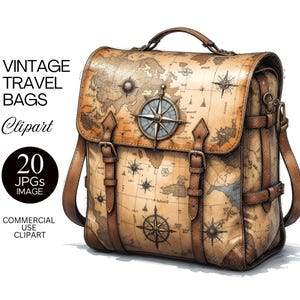 Lot de cliparts aquarelle vintage de sac de voyage | Illustration de bagage antique | Graphiques de voyage rétro | Valise Wanderlust | Téléchargement numérique