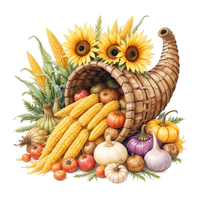 Watercolor Cornucopia Clipart | Fall Harvest Pumpkins, Sunflower, Corn ...